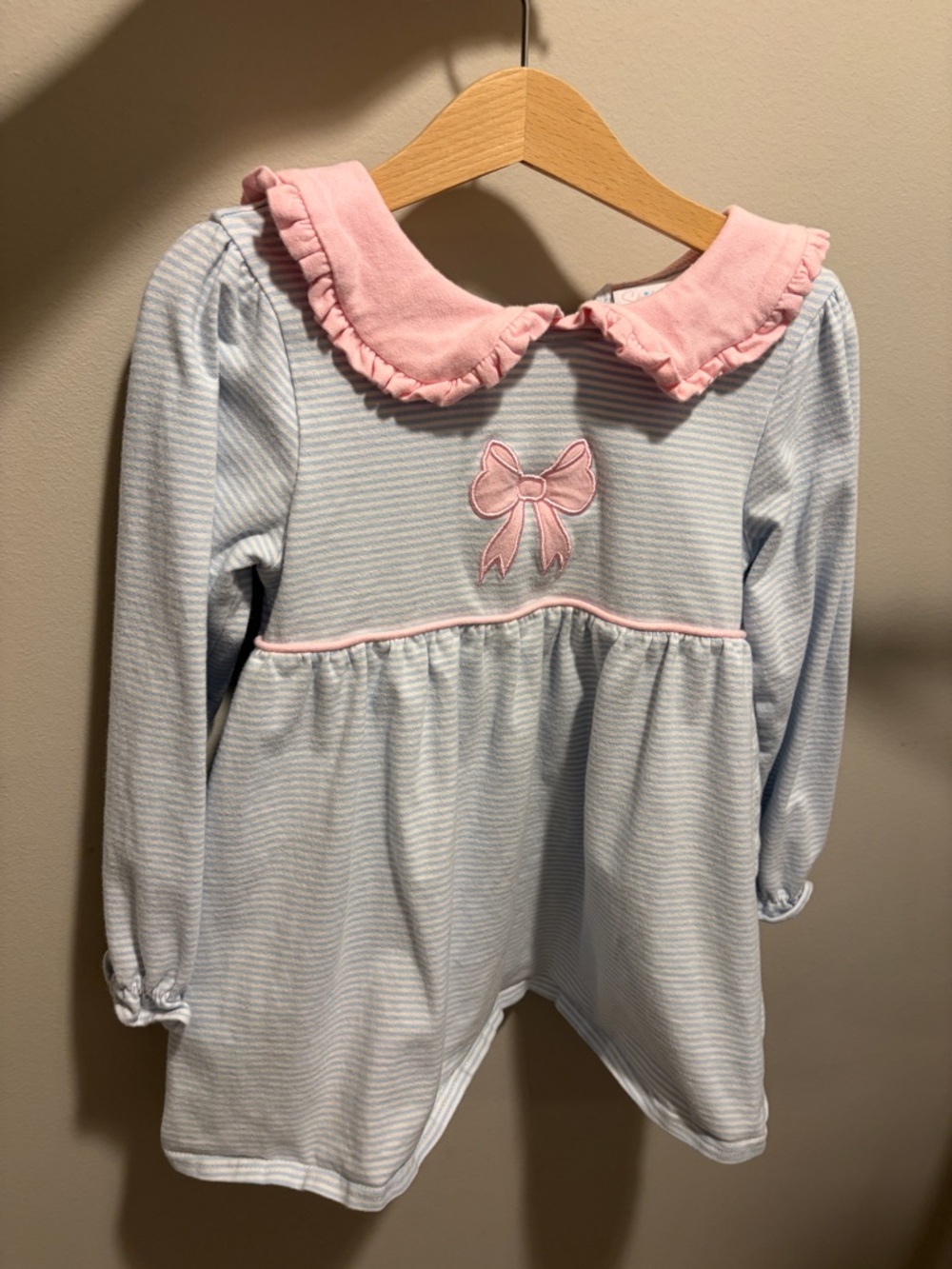 Girls' Light Blue Striped Tunic Top with Pink Ruffle Collar